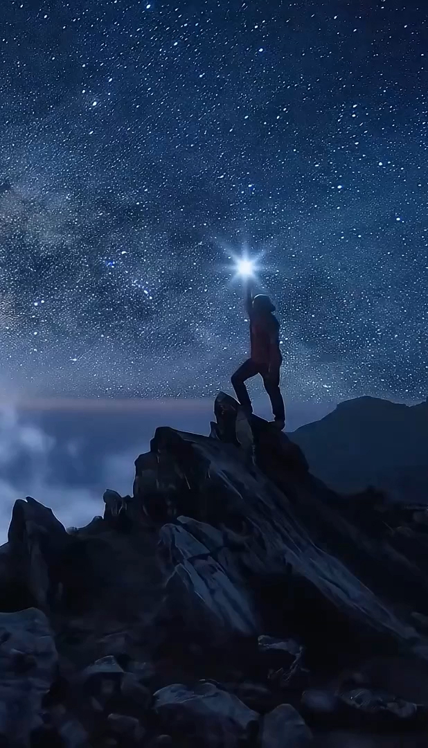 Man at peak of mountain with the night sky in the background