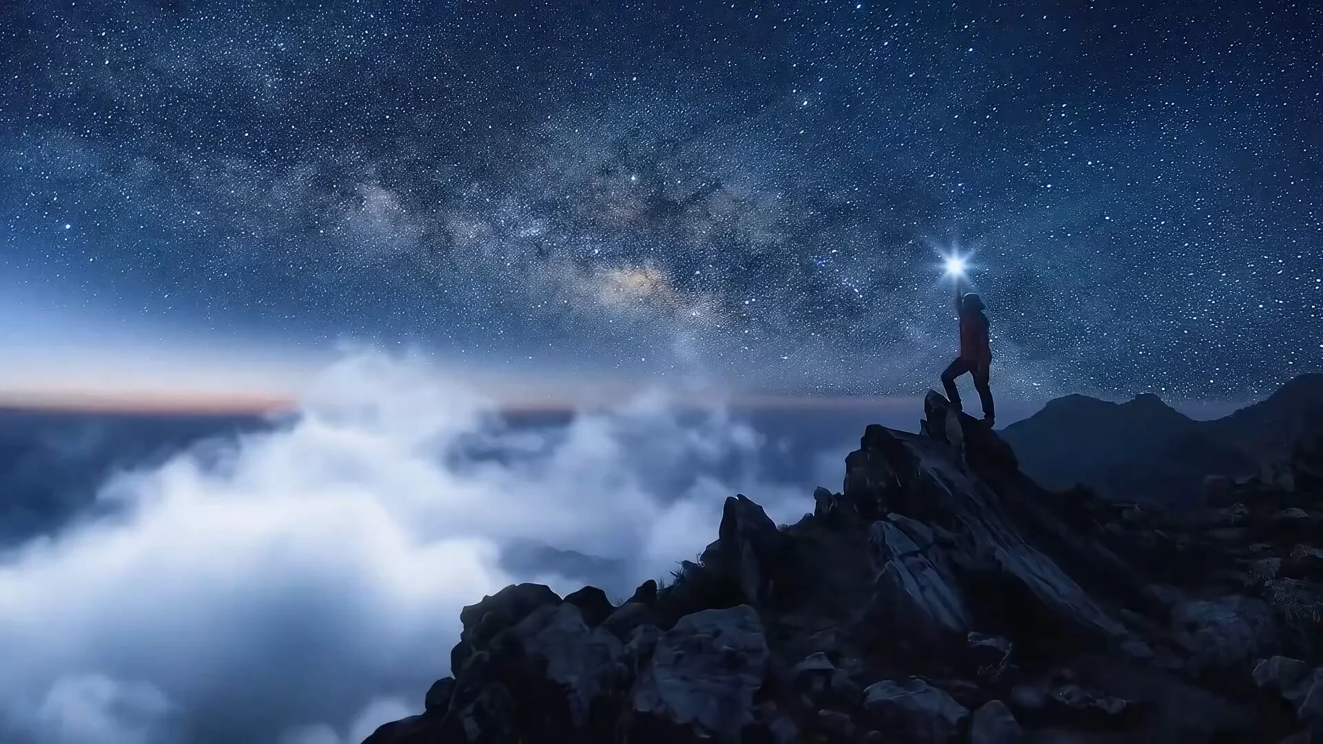 Man at peak of mountain with the night sky in the background